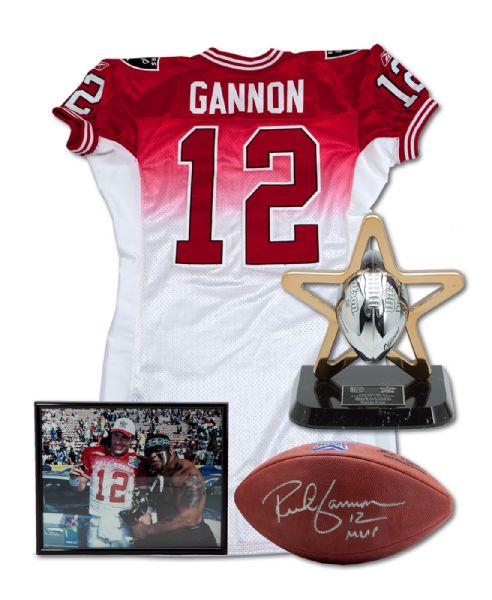 SET OF 2002 RICH GANNON PRO BOWL MVP ITEMS INCL. HIS PLAYER OF THE GAME TROPHY, SIGNED GAME WORN JERSEY, SIGNED GAME FOOTBALL & SIGNED PHOTO W/ TROPHY (ZWEIGLE COLLECTION)