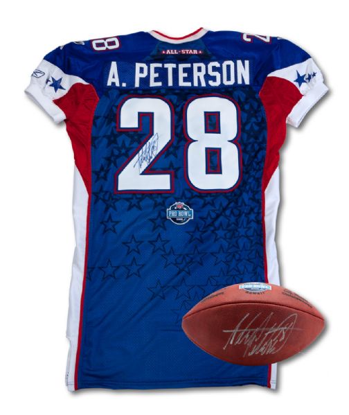 PAIR OF ADRIAN PETERSON AUTOGRAPHED 2008 PRO BOWL (VIKINGS) MVP ITEMS INCLUDING HIS GAME ISSUED JERSEY AND OFFICIAL GAME  FOOTBALL (ZWEIGLE COLLECTION)