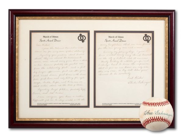 CHARLIE GEHRINGER TWO-PAGE HANDWRITTEN LETTER WITH OUTSTANDING BASEBALL CONTENT AND SINGLE SINGED BASEBALL (BILL RIDDELL COLLECTION)