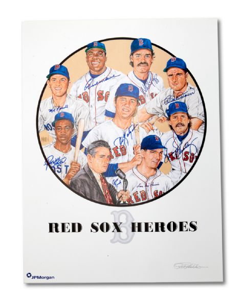 BOSTON RED SOX HEROES AUTOGRAPHED 18x24 ILLUSTRATED PRINT INC. YASTRZEMSKI, BOGGS, DOERR AND ECKERSLEY
