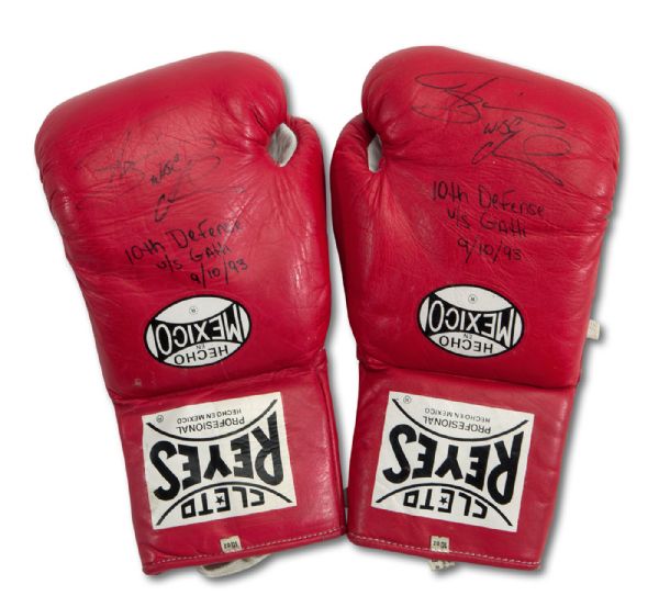 TERRIBLE TERRY NORRIS SIGNED & NOTATED FIGHT WORN GLOVES FROM 9/10/1993 VICTORY VS. JOE GATTI - 10TH STRAIGHT WBC TITLE DEFENSE (NORRIS LOA)