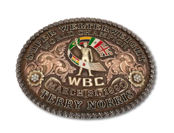 TERRIBLE TERRY NORRIS 3/31/1990 WBC SUPER WELTERWEIGHT WORLD CHAMPION STERLING SILVER COMMEMORATIVE BELT BUCKLE WITH REAL DIAMONDS (NORRIS LOA)