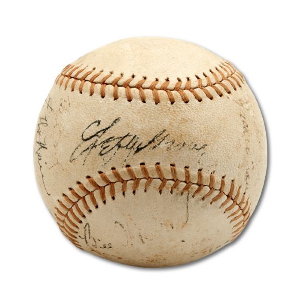1936 BOSTON RED SOX TEAM SIGNED OAL (HARRIDGE) BASEBALL INCL. FOXX, GROVE, MANUSH, BERG, ETC. (BILL RIDDELL COLLECTION)
