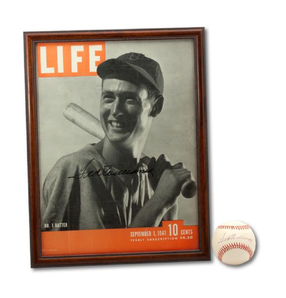 TED WILLIAMS AUTOGRAPHED 1941 LIFE MAGAZINE AND SINGLE SIGNED BASEBALL (BILL RIDDELL COLLECTION)