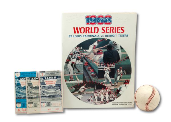 1968 WORLD CHAMPION DETROIT TIGERS TEAM SIGNED BASEBALL, 1968 WORLD SERIES PROGRAM AND (3) TICKET STUBS (BILL RIDDELL COLLECTION)