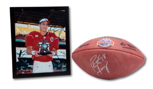 LOT OF (5) PRO BOWL MVP (2003-07) SINGLE SIGNED FOOTBALLS & FRAMED PHOTOS INCL. PEYTON MANNING, CARSON PALMER, RICKY WILLIAMS, DERRICK BROOKS & MARC BULGER (ZWEIGLE COLLECTION)