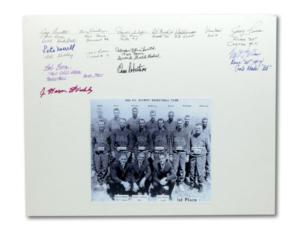 1960 U.S. OLYMPIC MENS BASKETBALL GOLD MEDAL WINNING TEAM SIGNED (INCL. WEST, ROBERTSON, ETC.) LARGE MATBOARD WITH TEAM PHOTO
