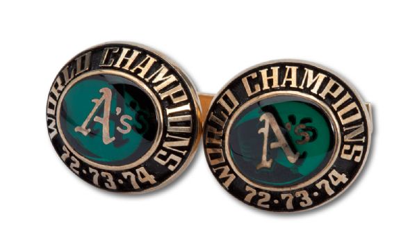1972, 1973, 1974 OAKLAND AS WORLD CHAMPIONSHIP CUFF LINKS IN ORIGINAL PRESENTATION BOX - TOPS 10K GOLD, POSTS 14K GOLD - MADE BY JOSTENS 