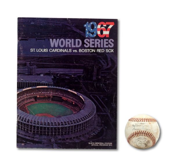 ONL (GILES) BASEBALL ATTRIBUTED TO BE THE ONE THROWN OUT FOR THE FIRST PITCH OF THE 1967 WORLD SERIES BY BILLY SOUTHWORTH AND FRANK FRISCH (SOUTHWORTH FAMILY LOA)