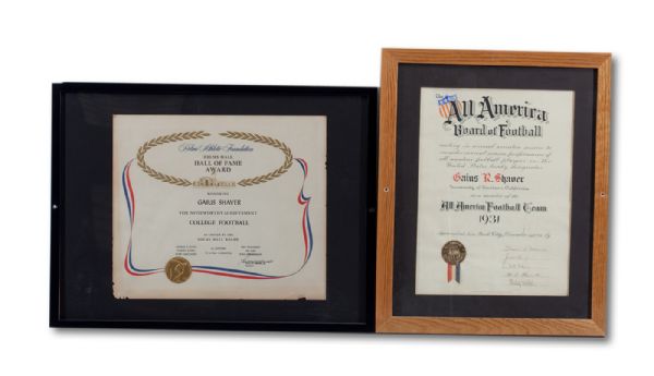 GUS SHAVERS 1931 ALL-AMERICA FOOTBALL CERTIFICATE SIGNED BY GLENN "POP" WARNER, CHRISTY WALSH & OTHERS AND HELMS ATHLETIC FOUNDATION HALL OF FAME AWARD CERTIFICATE (NSM COLLECTION)
