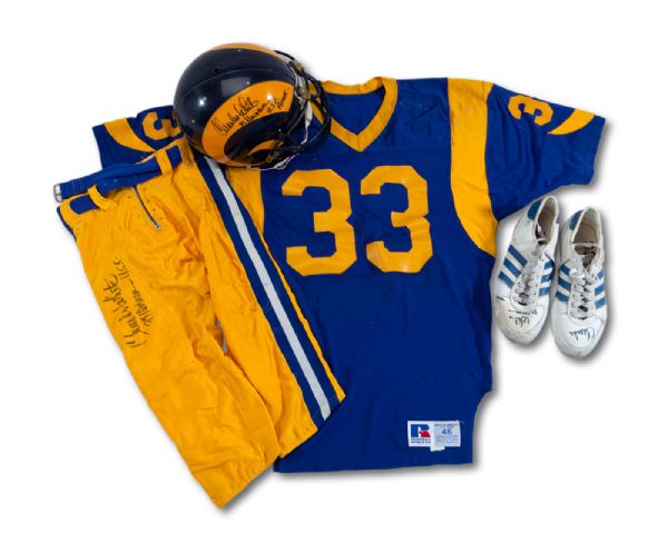 1987 CHARLES WHITE MULTI-AUTOGRAPHED LOS ANGELES RAMS GAME WORN UNIFORM INCL. HELMET AND CLEATS - WON 1987 NFL RUSHING TITLE (WHITE LOA, NSM COLLECTION)