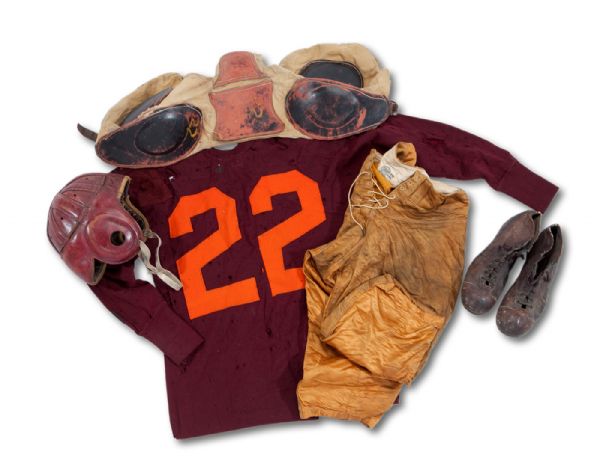 1931 GAIUS "GUS" SHAVER USC TROJANS (NATIONAL CHAMPIONSHIP SEASON) COMPLETE GAME WORN ENSEMBLE INCL. JERSEY, PANTS, HELMET (SIGNED), PADS AND CLEATS (NSM COLLECTION)