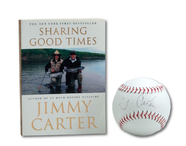 JIMMY CARTER AUTOGRAPHED SOFTBALL AND SIGNED BOOK "SHARING GOOD TIMES"