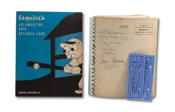 1946 ESQUIRE ALL-AMERICAN BASEBALL GAME 42 PAGE AUTOGRAPH BOOK GIVEN TO PLAYERS SIGNED BY TY COBB, HONUS WAGNER, ROGERS HORNSBY AND OVER 70 OTHER PLAYERS AND COACHES PLUS GAME PROGRAM AND TICKETS