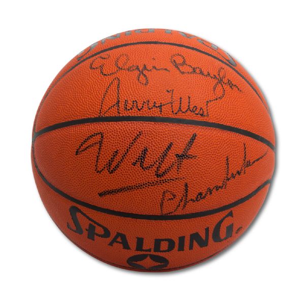 LOS ANGELES LAKER LEGENDS TRIPLE SIGNED SPALDING BASKETBALL WITH WILT CHAMBERLAIN, JERRY WEST & ELGIN BAYLOR (TENNEN COLLECTION)