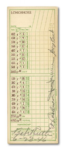 JUNE 23, 1946 BABE RUTH SIGNED GOLF SCORE CARD