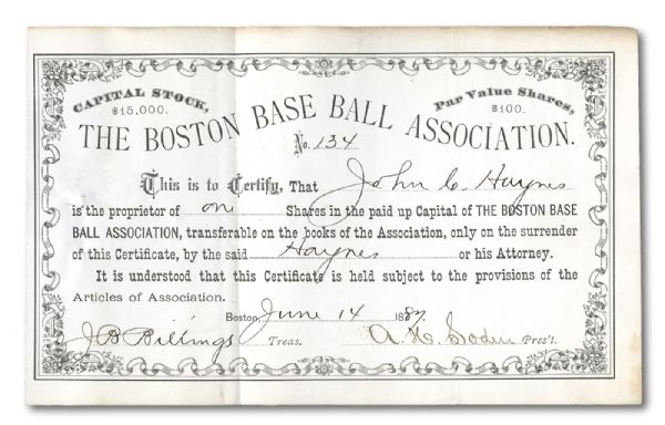JUNE 14, 1887 BOSTON BASE BALL ASSOCIATION (NATIONAL LEAGUE) STOCK CERTIFICATE SIGNED BY OWNER ARTHUR H. SODEN