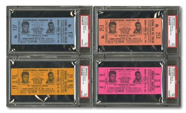 MAY 25, 1965 MUHAMMAD ALI VS SONNY LISTON LOT OF 4 FULL UNUSED TICKETS WITH ALL FOUR COLOR VARIATIONS MINT PSA/DNA 9