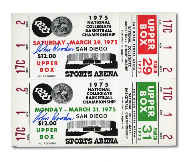 1975 NCAA COLLEGIATE BASKETBALL CHAMPIONSHIP PAIR OF FULL UNUSED TICKETS TO THE SEMI-FINALS AND FINALS (JOHN WOODEN"S LAST CHAMPIONSHIP) - BOTH SIGNED BY JOHN WOODEN
