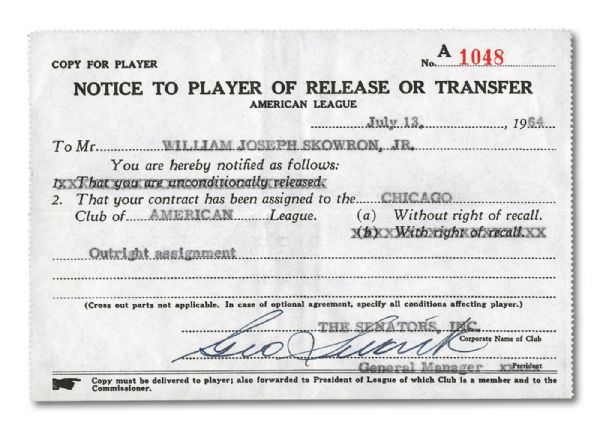 BILL "MOOSE" SKOWRONS 1964 NOTICE TO PLAYER OF RELEASE OR TRANSFER SIGNED BY WASHINGTON SENATORS GM GEORGE SELKIRK (SKOWRON FAMILY LOA)
