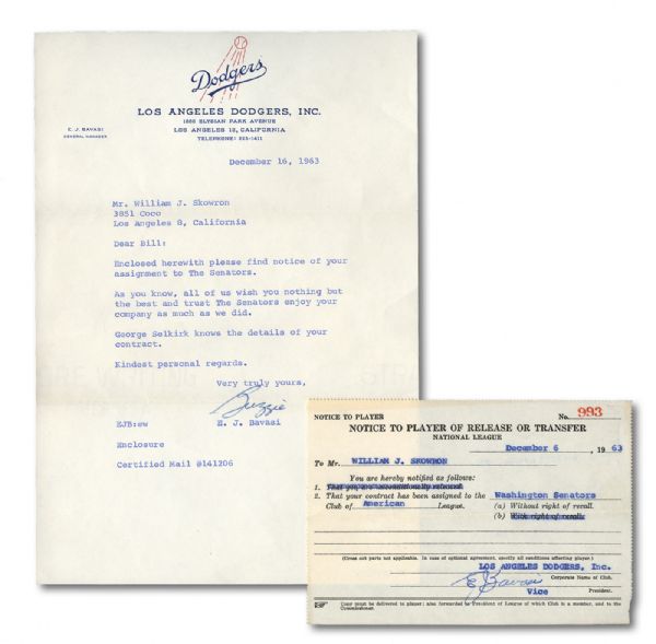 BILL "MOOSE" SKOWRONS 1963 NOTICE TO PLAYER OF RELEASE OR TRANSFER AND THANK YOU LETTER BOTH SIGNED BY L.A. DODGERS GM BUZZIE BAVASI (SKOWRON FAMILY LOA)
