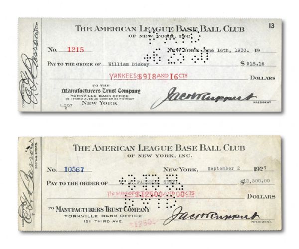 1927 NEW YORK YANKEES CHECK TO LITTLE ROCK BBC FOR TRANSFER OF BILL DICKEY AND WILLIAM "BILL" DICKEY SIGNED 1930 NEW YORK YANKEES PAYROLL CHECK 