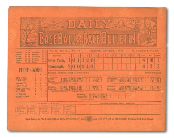 SEPTEMBER 1, 1894 DAILY BASEBALL AND RACE BULLETIN 11 BY 13 1/2 AD PIECE FEATURING NATIONAL LEAGUE BASEBALL SCORES