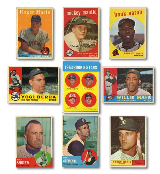 1958 THRU 1963 MAINLY TOPPS BASEBALL LOT OF OVER 400 DIFFERENT WITH HALL OF FAMERS AND STARS