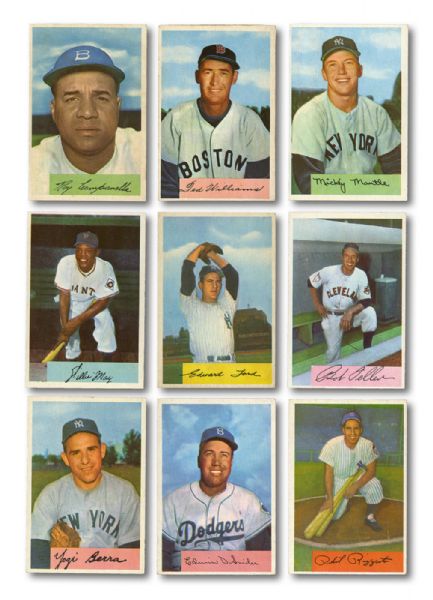 1954 BOWMAN BASEBALL COMPLETE SET OF 225 WITH EX-MT PSA 6 MICKEY MANTLE, EX-MT PSA 6 WILLIE MAYS, AND EX PSA 5 TED WILLIAMS