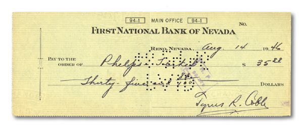 8/14/46 TY COBB SIGNED CHECK