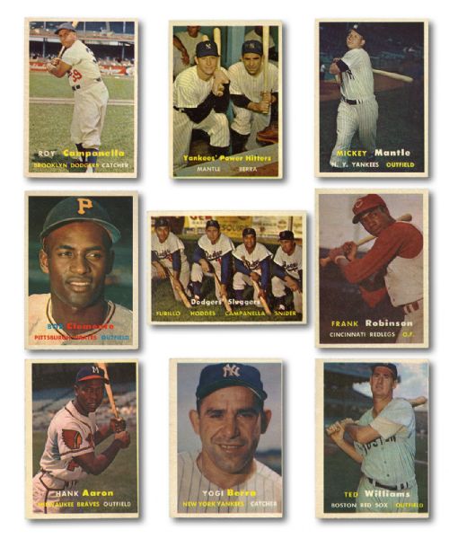 1957 TOPPS BASEBALL PARTIAL SET OF OVER 200 (OVER 180 DIFFERENT WITH MANY HALL OF FAMERS AND STARS