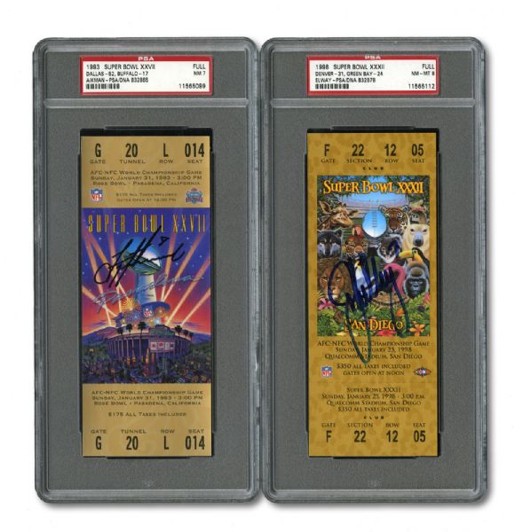 1993 SUPER BOWL XXVII NM PSA 7 FULL UNUSED TICKET SIGNED BY MVP TROY AIKMAN AND 1998 SUPER BOWL XXXII NM-MT PSA 8 FULL UNUSED TICKET SIGNED BY MVP JOHN ELWAY