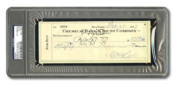 BABE RUTH DOUBLE SIGNED 1937 BANK CHECK (BILL RIDDELL COLLECTION)