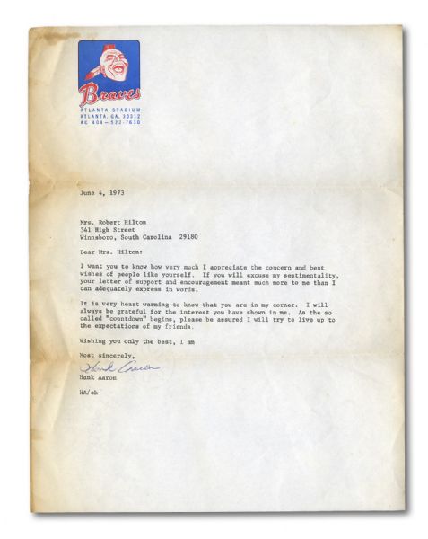JUNE 4TH, 1973 HANK AARON TYPED SIGNED LETTER ON ATLANTA BRAVES LETTERHEAD REFERENCING PURSUIT OF BABE RUTHS HR RECORD