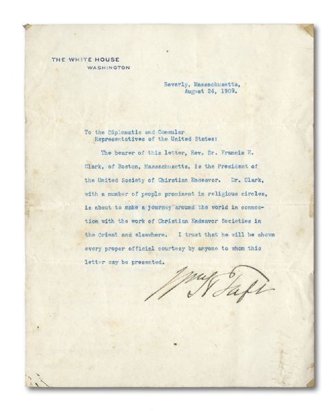 AUGUST 24, 1909 PRESIDENT WILLIAM H. TAFT TYPED SIGNED LETTER ON WHITE HOUSE STATIONARY