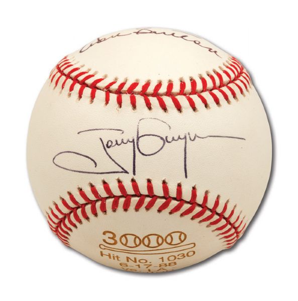 TONY GWYNNS AUTOGRAPHED COMMEMORATIVE 1,030TH CAREER HIT BASEBALL FROM 6/17/1988 ALSO SIGNED & INSCRIBED "GLAD I COULD HELP" BY DON SUTTON (GWYNN FAMILY LOA)