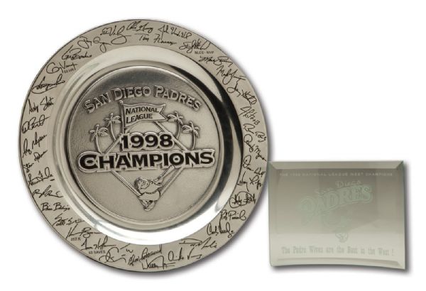 TONY GWYNNS 1998 SAN DIEGO PADRES NL CHAMPIONS COMMEMORATIVE PLATE AND 1998 NL WEST CHAMPIONS "PADRE WIVES BEST IN WEST" GLASS PLAQUE (GWYNN FAMILY LOA)