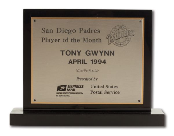 TONY GWYNNS APRIL 1994 SAN DIEGO PADRES USPS PLAYER OF THE MONTH PLAQUE (GWYNN FAMILY LOA)
