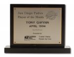 TONY GWYNNS APRIL 1994 SAN DIEGO PADRES USPS PLAYER OF THE MONTH PLAQUE (GWYNN FAMILY LOA)