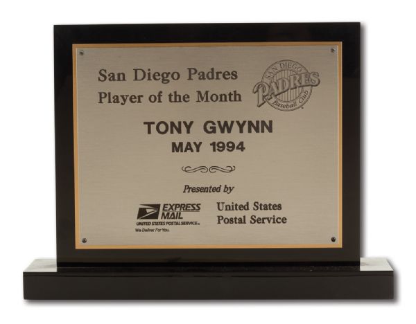 TONY GWYNNS MAY 1994 SAN DIEGO PADRES USPS PLAYER OF THE MONTH PLAQUE (GWYNN FAMILY LOA)