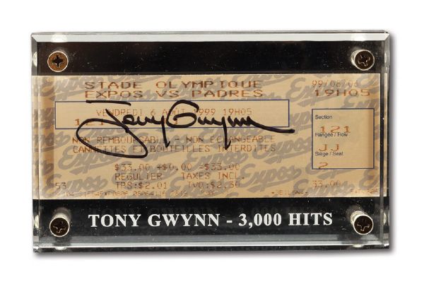 TONY GWYNNS AUGUST 6, 1999 AUTOGRAPHED 3,000 HIT GAME TICKET ENCAPSULATED IN MINT CONDITION (GWYNN FAMILY LOA)
