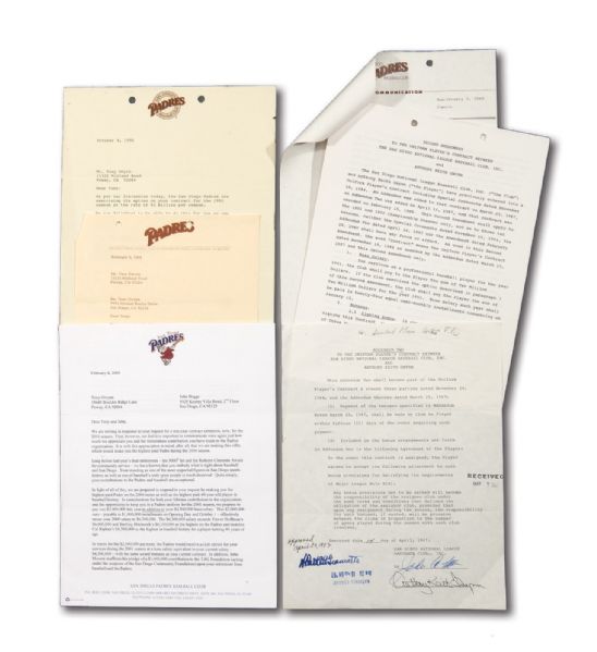 TONY GWYNNS 1987-2000 GROUP OF (3) ORIGINAL TYPED SIGNED LETTERS AND (2) OFFICIAL CONTRACT ADDENDUMS ALL FROM SAN DIEGO PADRES (GWYNN FAMILY LOA)
