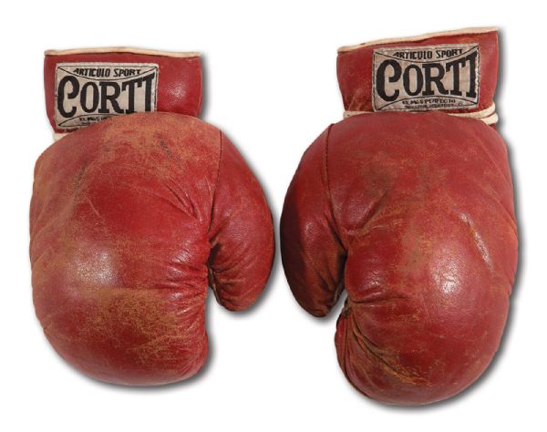 1972 CARLOS MONZON WBC & WBA MIDDLEWEIGHT CHAMPIONSHIP FIGHT WORN GLOVES FROM BENNIE BRISCOE II BOUT (MONZON FAMILY LOA)