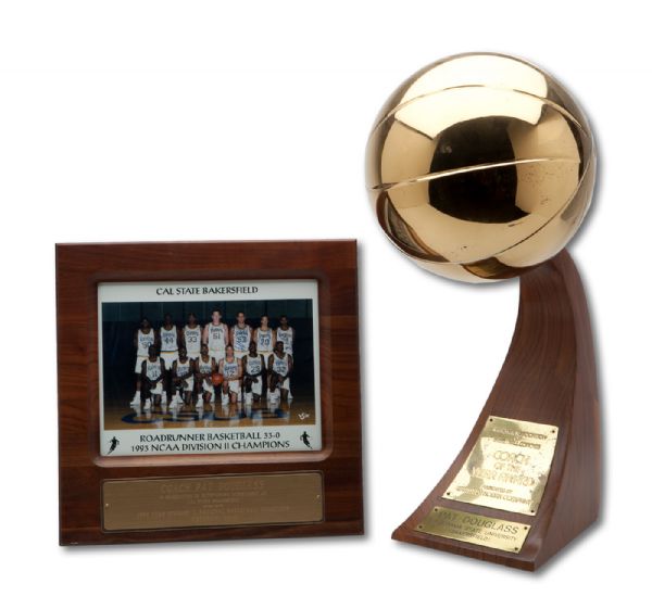 1992-93 PAT DOUGLASS NCAA DIV. II BASKETBALL COACH OF THE YEAR AWARD TROPHY (CAL STATE BAKERSFIELD 33-0 SEASON) AND TEAM SIGNED PHOTO PLAQUE (NSM COLLECTION)