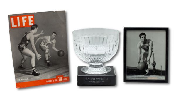 2003 RALPH VAUGHN USC HALL OF FAME (BASKETBALL) CRYSTAL INDUCTION AWARD WITH ORIGINAL PHOTO AND 1940 LIFE MAGAZINE COVER (NSM COLLECTION)