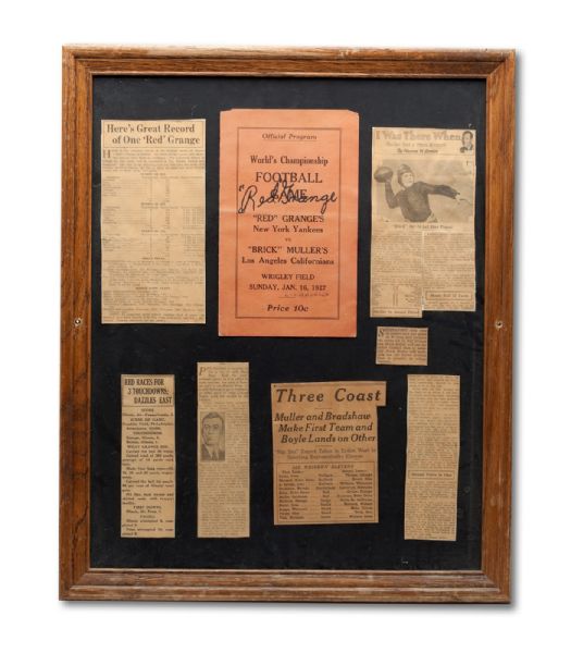 1927 "RED" GRANGES NEW YORK YANKEES VS. "BRICK" MULLERS LOS ANGELES CALIFORNIANS PROGRAM SIGNED BY RED GRANGE FRAMED WITH RELATED NEWSPAPER CLIPPINGS (NSM COLLECTION)