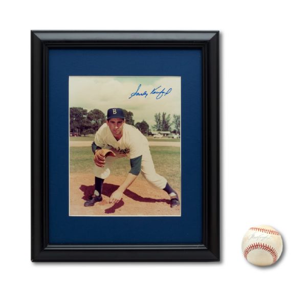SANDY KOUFAX SIGNED COLOR PHOTO (FRAMED 13 X 16) AND SINGLE SIGNED ONL (WHITE) BASEBALL