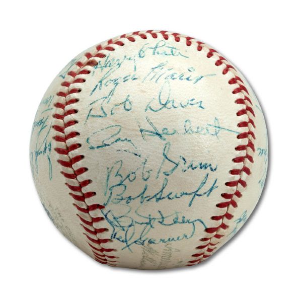 1958 KANSAS CITY ATHLETICS TEAM SIGNED OAL (HARRIDGE) BASEBALL INCLUDING ROGER MARIS (JSA LOA)