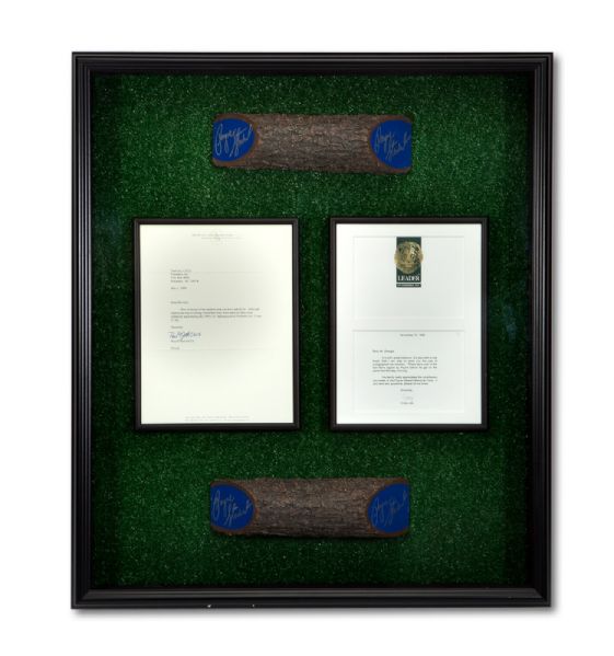IMPORTANT PAYNE STEWART SIGNED PAIR OF 1999 U.S. OPEN TEE MARKERS IN LARGE SHADOWBOX - AMONG LAST ITEMS SIGNED BEFORE FATAL FLIGHT! (PINEHURST & AGENT LOAS)