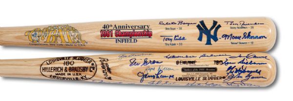 PAIR OF NEW YORK YANKEES MULTI SIGNED COMMEMORATIVE BATS INCLUDING 1961 INFIELD (4 SIGS) AND 1950S REUNION WITH 19 SIGNATURES (SKOWRON FAMILY LOA)